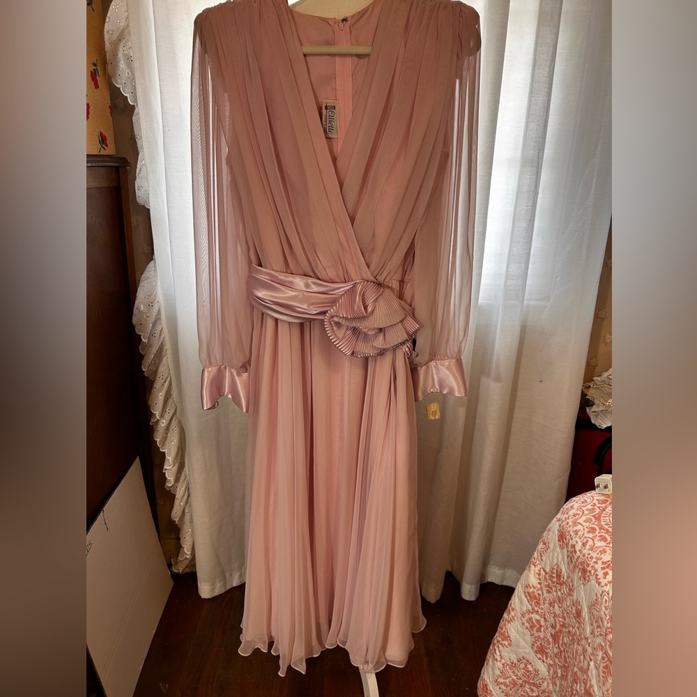 Vintage 70s Pink Chiffon Dress Sheer Sleeve Satin Waist Tie NWT Bridal Romantic